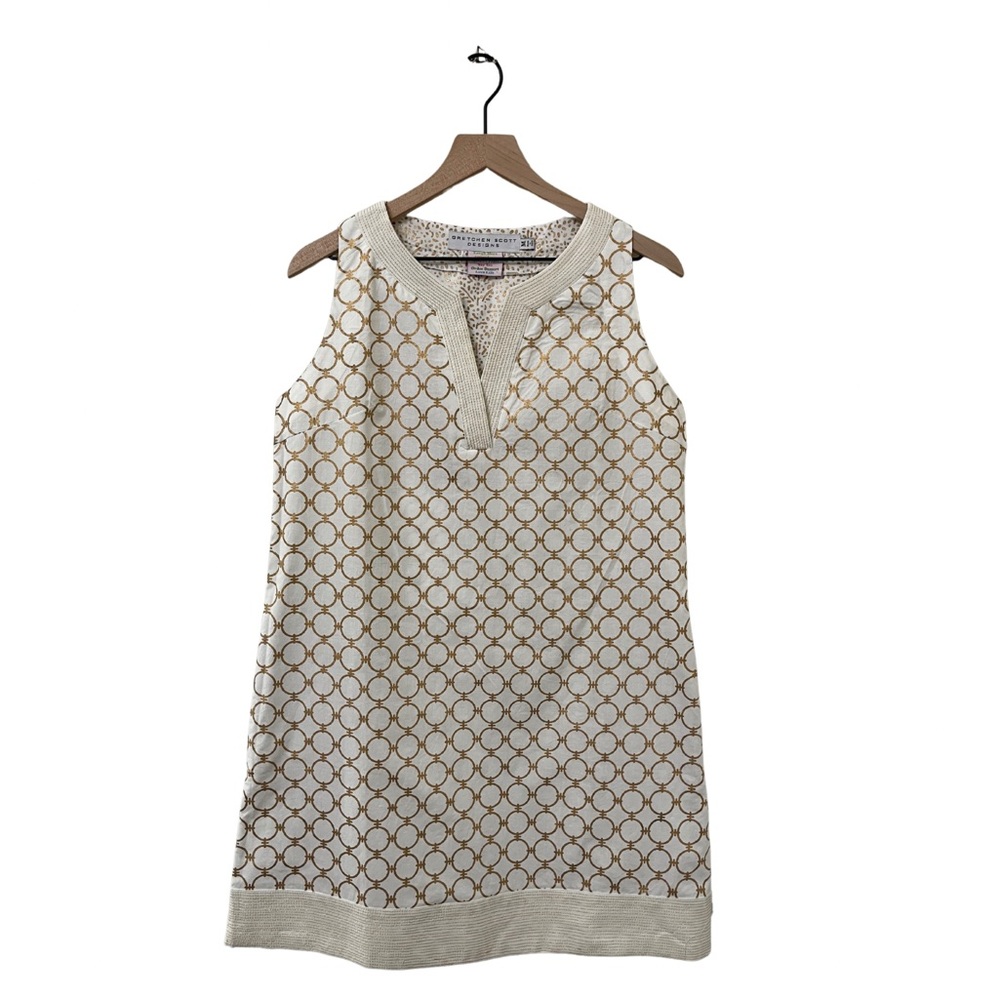 Gretchen Scott Design White & Gold Chain Geometric Shift Dress Size Medium